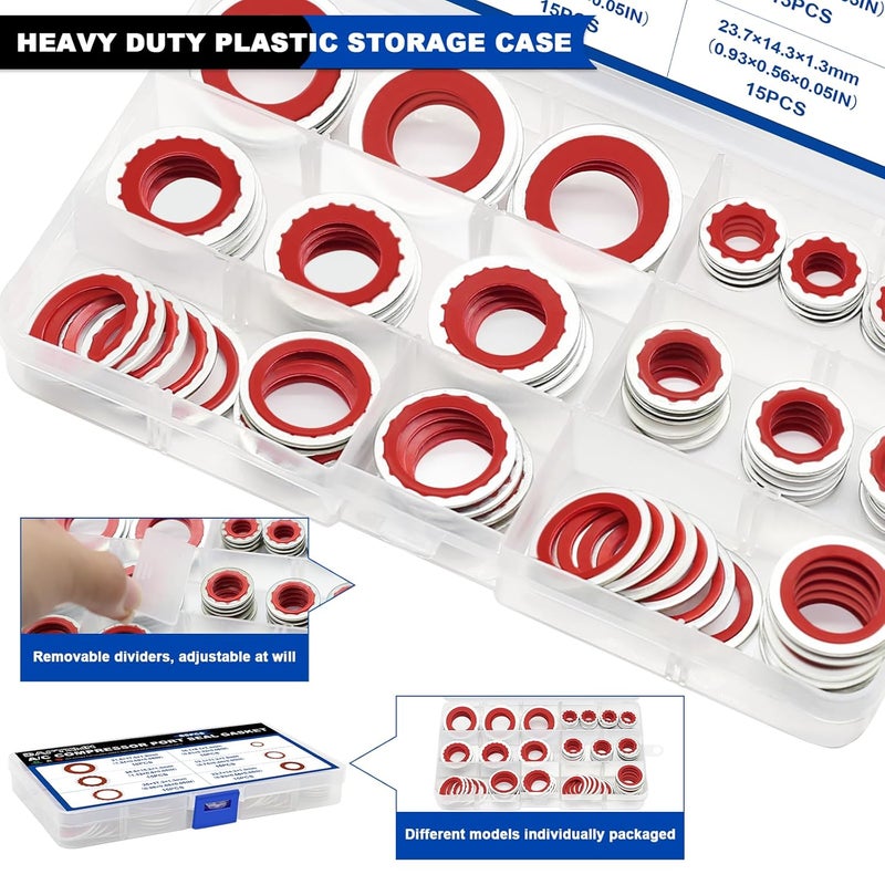 Daptemn 85PCS A/C O-Ring Assortment Kit, 6 Size Air Conditioning System Compressor Port Gasket Repairs Automotive Self-Centered Washer, Replace A/C Compressor Bonded Seal Washer (ID: 8mm-17.5mm) (Red) - Image 5